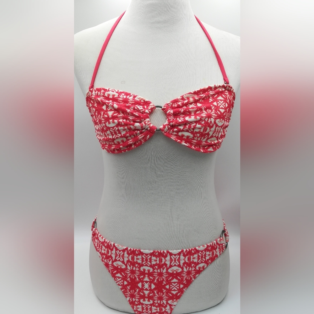 Women’s Pink White Ring-Front Bandeau Bikini Top